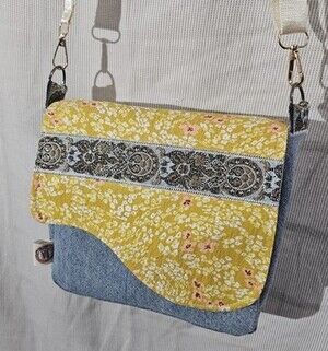 Handmade Denim Upcycled Asymmetrical Messenger Bag Fully Lined Adjustable Strap